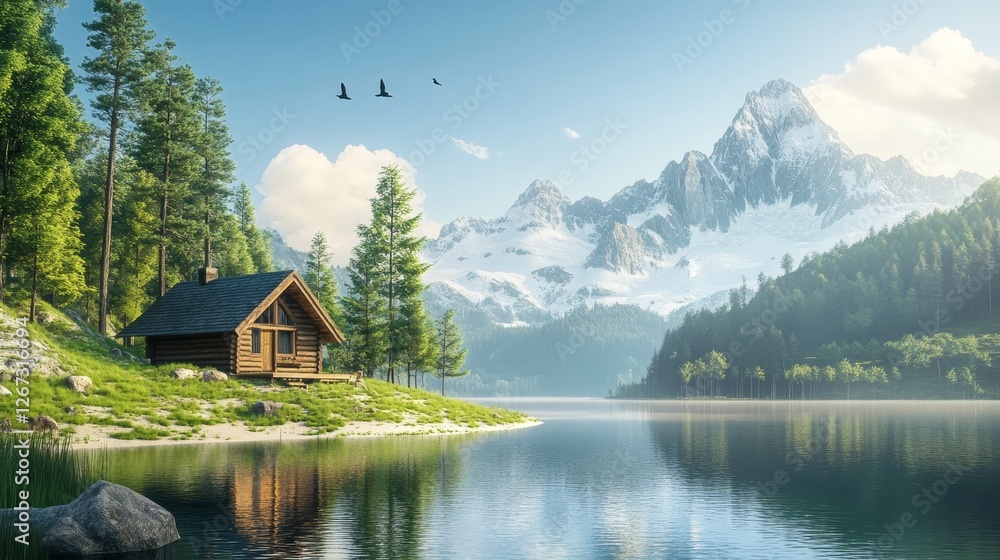 Naklejka premium Idyllic mountain lake cabin in tranquil scenery - - ai