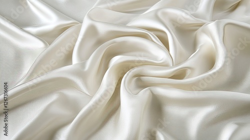Close-up of soft white satin fabric with delicate gray tones, creating natural ripples and a luxurious silk texture background