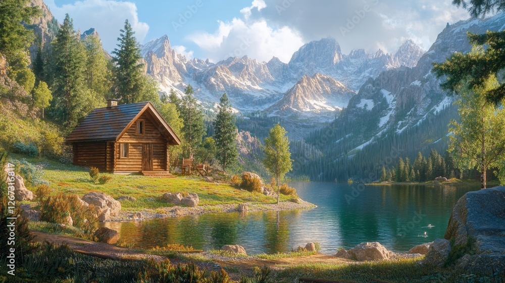 Fototapeta premium Idyllic mountain lake cabin in tranquil scenery - - ai