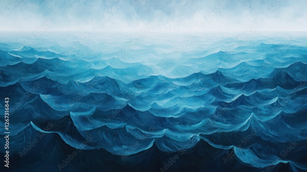 Tranquil Ocean View, Painterly Blue Waves Under a Soft Azure Sky Tranquil Ocean View, Painterly Blue Waves Under a Soft Azure Sky