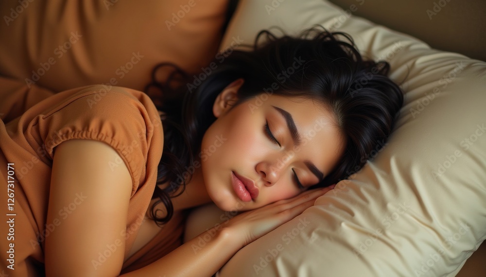 Sleeping Beauty: A young woman peacefully rests on a plush pillow, embodying serenity and comfort in a moment of deep relaxation. Sleeping Beauty: A young woman peacefully rests on a plush pillow, embodying serenity and comfort in a moment of deep relaxation.