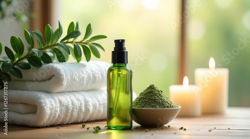 Natural skincare products with green oil and herbs against a serene backdrop