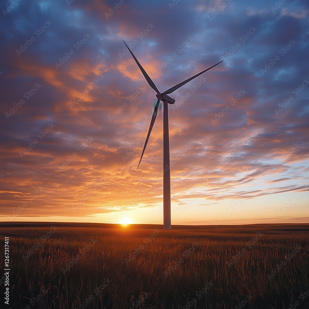 Obraz premium Sunset Over a Horizontal Wind Turbine in a Manitoba Field: A Countryside Scene Embracing Clean Energy