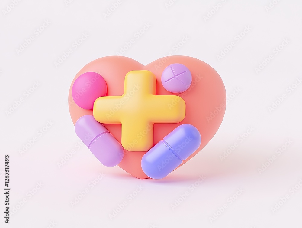 Obraz premium A colorful heart-shaped design featuring various pills and a medical cross, symbolizing health and wellness.