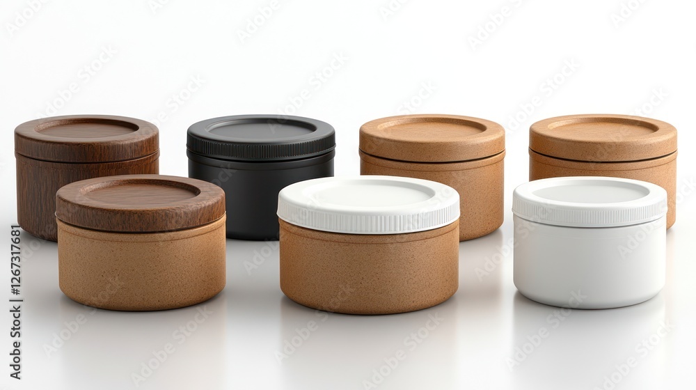 Eco-friendly containers on white background; product packaging mockup Eco-friendly containers on white background; product packaging mockup