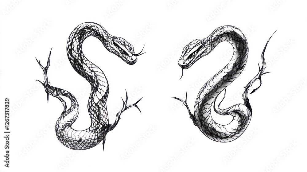 Fototapeta premium Two Snakes facing each other, in an ink drawing, on white, suitable for book illustration