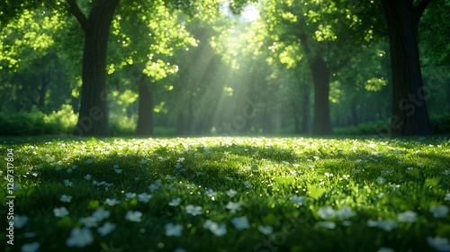 Sunlit forest meadow, spring flowers, tranquil scene, nature background