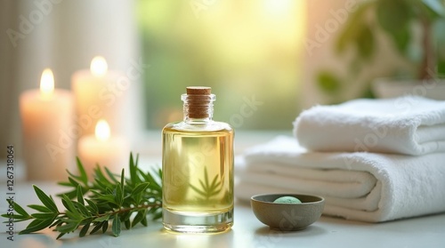 Tea tree aroma oil bottle with fresh leaves and rolled towels on a serene background