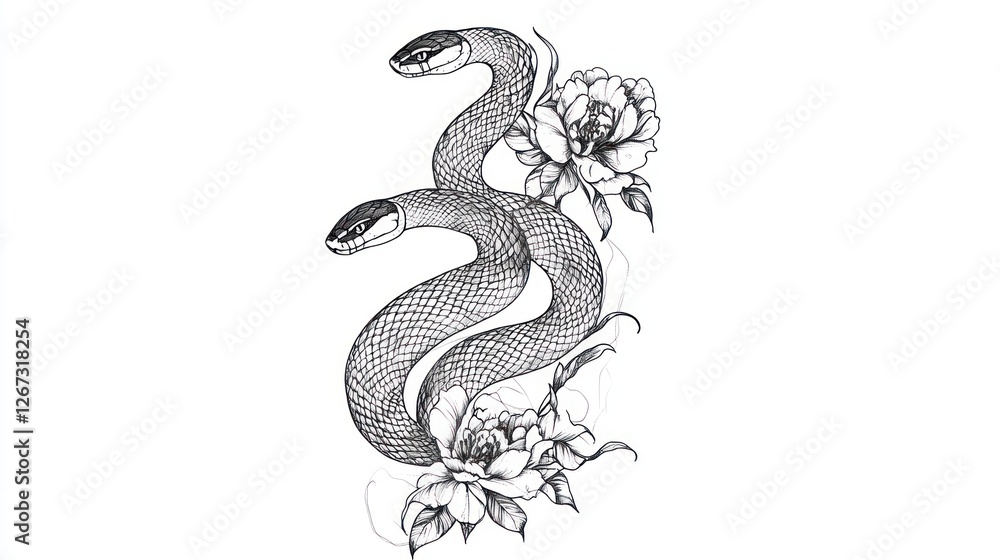 Naklejka premium Two snakes with flowers, black and white line art, tattoo design