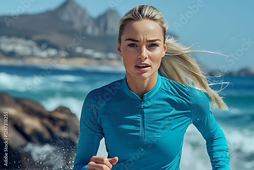 Determined woman runs along ocean shore, blonde hair blowing in the wind.  Highenergy fitness shot, perfect for activewear, health, and wellness campaigns. Vibrant teal athletic top.