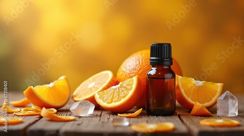 Orange essential oil bottle with fresh oranges and slices on wooden table