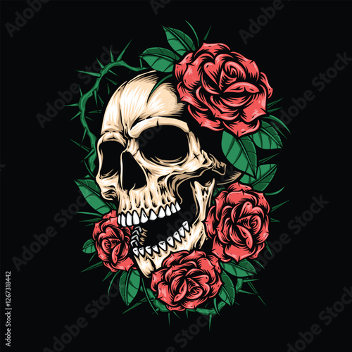 skull and red roses tshirt design