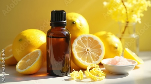 Lemon essential oil bottle with fresh lemons and lemon slices on soft background