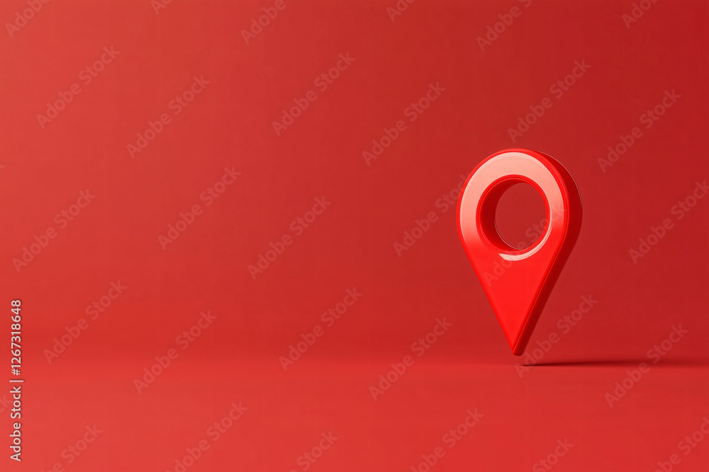 Fototapeta premium Red Pinpoint: A bold, glossy red pin marker stands out against a vivid crimson background, symbolizing location, direction, and the journey ahead. It's perfect for minimalist designs, presentations.
