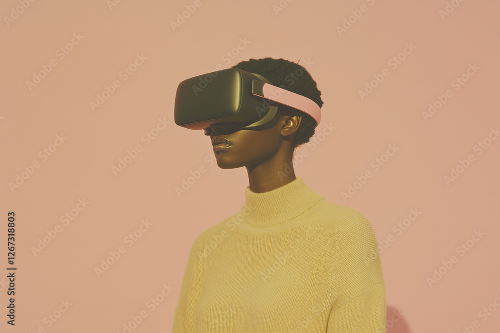 VR Immersion: A young woman with dark skin explores the boundless realms of virtual reality, wearing a sleek VR headset against a muted pink backdrop. VR Immersion: A young woman with dark skin explores the boundless realms of virtual reality, wearing a sleek VR headset against a muted pink backdrop.