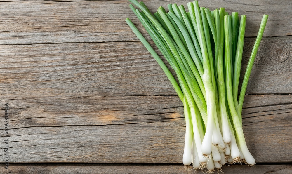 Fresh green onions arranged on a rustic wooden table with natural lighting Fresh green onions arranged on a rustic wooden table with natural lighting
