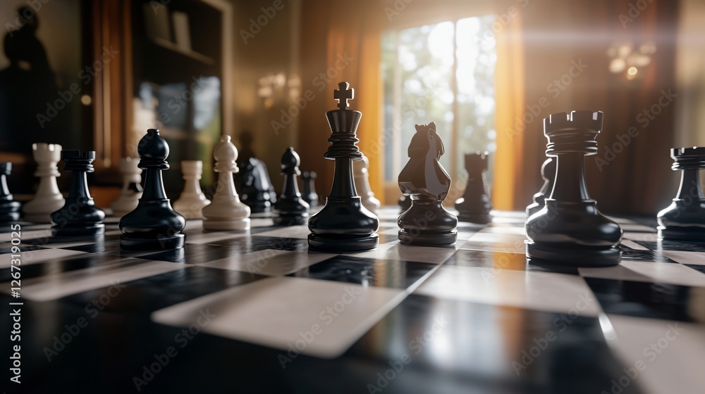 chessboard with black and white pieces. king, knight, pawn, rook, and bishop are visible. window in background with light streaming through. chessboard with black and white pieces. king, knight, pawn, rook, and bishop are visible. window in background with light streaming through.