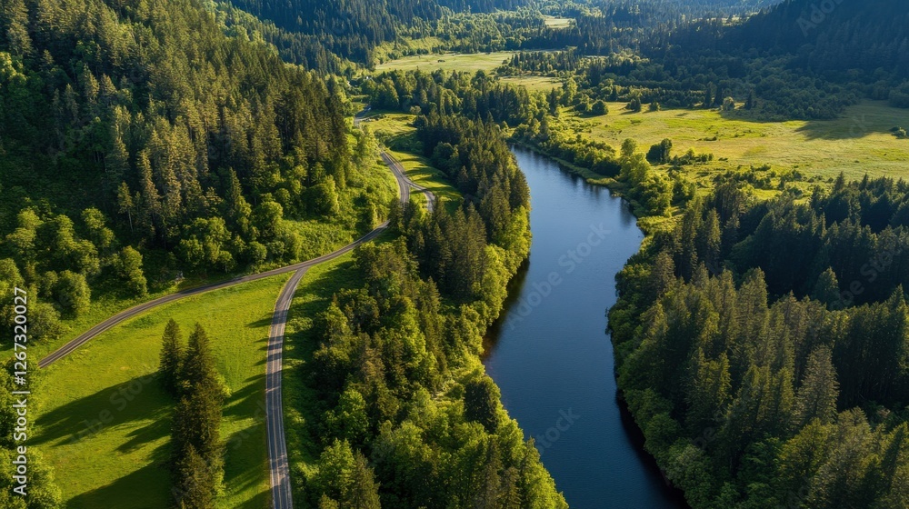 Aerial view of serene forest landscape with river and road winding through lush greenery Aerial view of serene forest landscape with river and road winding through lush greenery