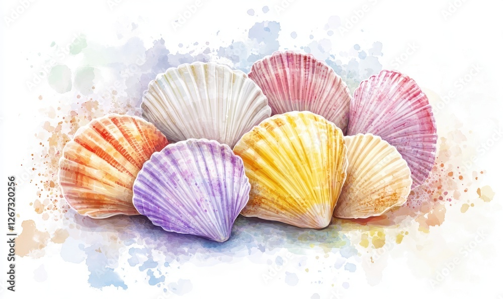 Fototapeta premium A vibrant collection of seashells in various colors arranged artistically with a soft watercolor background