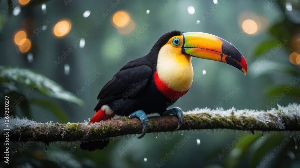 A vibrant toucan perched on a branch amidst a lush, misty forest background. A vibrant toucan perched on a branch amidst a lush, misty forest background.