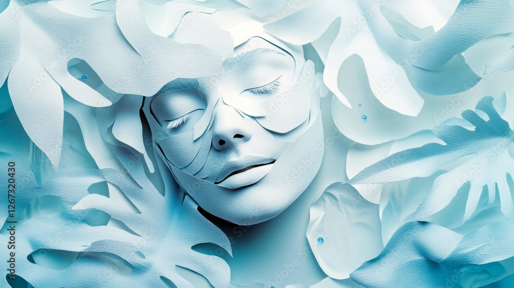 Paper Cut Sheet Mask on Serene Face with Spa-Inspired Backdrop Paper Cut Sheet Mask on Serene Face with Spa-Inspired Backdrop