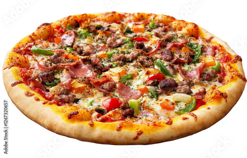  A slightly steaming pizza with meat and vegetables, isolated on a transparent background (2)