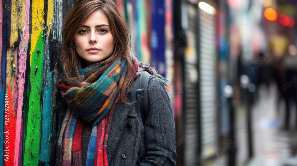 Fototapeta premium Urban portrait of a young woman colorful alley lifestyle photography city environment close-up view expression of style