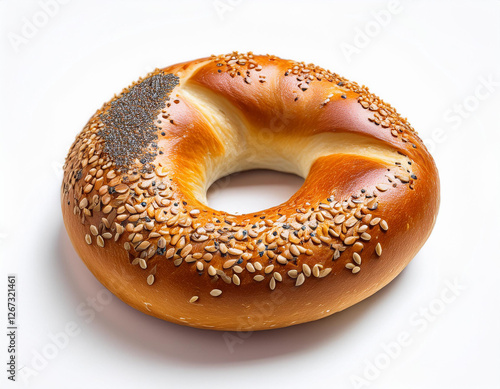 a photo of a freshly baked bagel with golden brown crust and a variety of seeds like sesame and poppy positioned against a white background highlighting its vibrant color texture photo