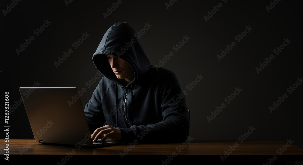 ** Hacker at Laptop: Cyber Security, Dark Web Threat & Online Crime - Privacy Breach, Data Theft & Digital Safety Concerns ** Hacker at Laptop: Cyber Security, Dark Web Threat & Online Crime - Privacy Breach, Data Theft & Digital Safety Concerns