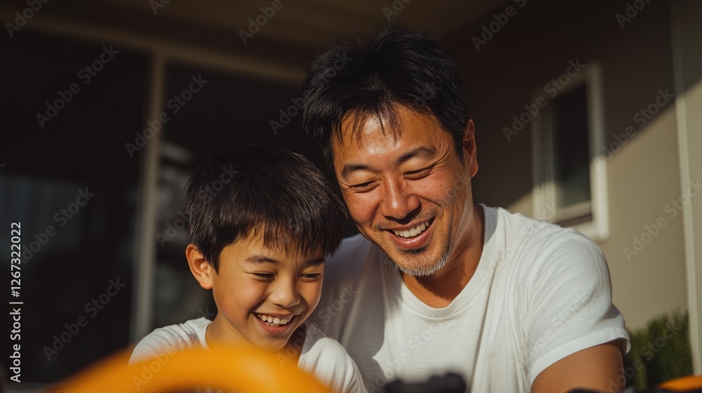 Obraz premium Joyful moments captured between father and son, sharing laughter