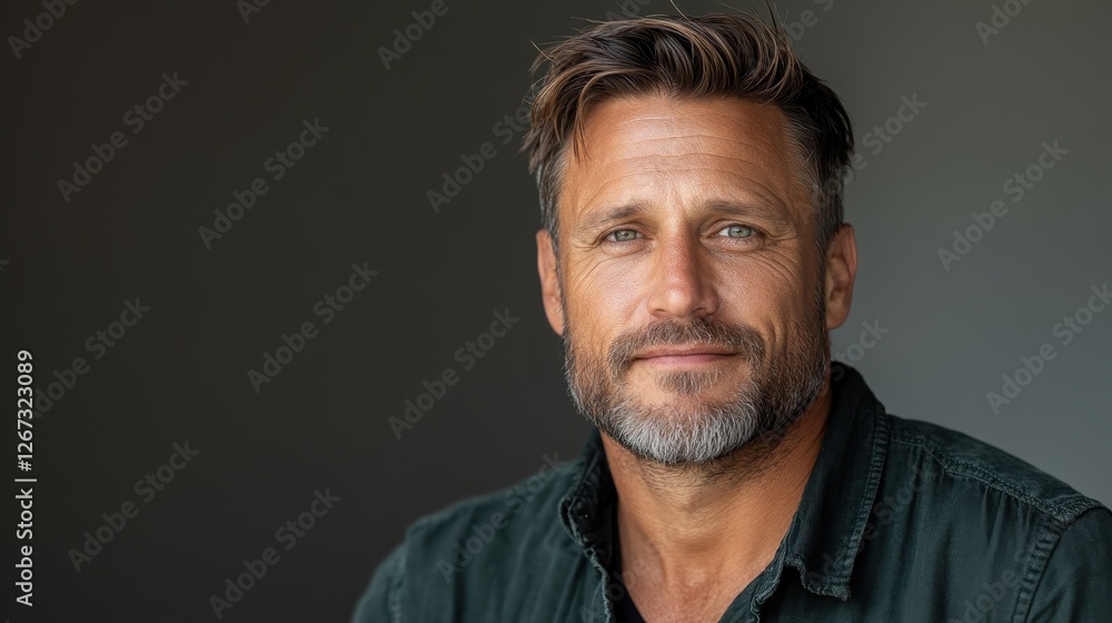 A confident man with a well-groomed beard and short hair smiles in a dark outfit, projecting an aura of self-assuredness, perfect for showcasing modern masculinity. A confident man with a well-groomed beard and short hair smiles in a dark outfit, projecting an aura of self-assuredness, perfect for showcasing modern masculinity.
