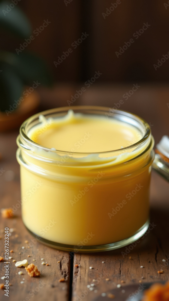 A jar filled with yellowish butter or fat, resting on a rustic wooden table with some crumbs around it. A jar filled with yellowish butter or fat, resting on a rustic wooden table with some crumbs around it.