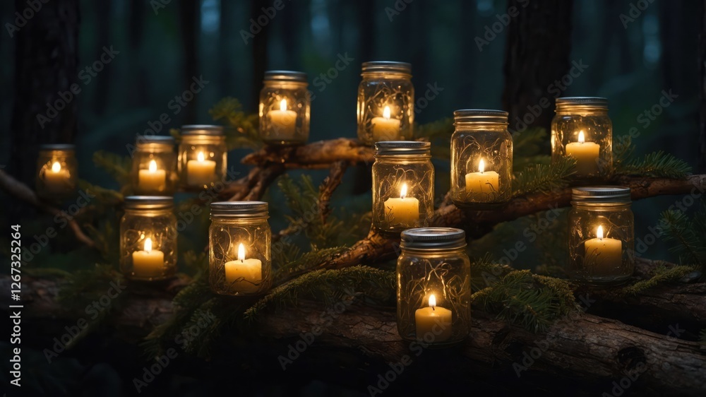 A serene forest scene with lit mason jars on a branch, creating a cozy atmosphere. A serene forest scene with lit mason jars on a branch, creating a cozy atmosphere.