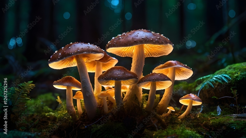 Fototapeta premium Glowing mushrooms in the middle of a dark and foggy forest.