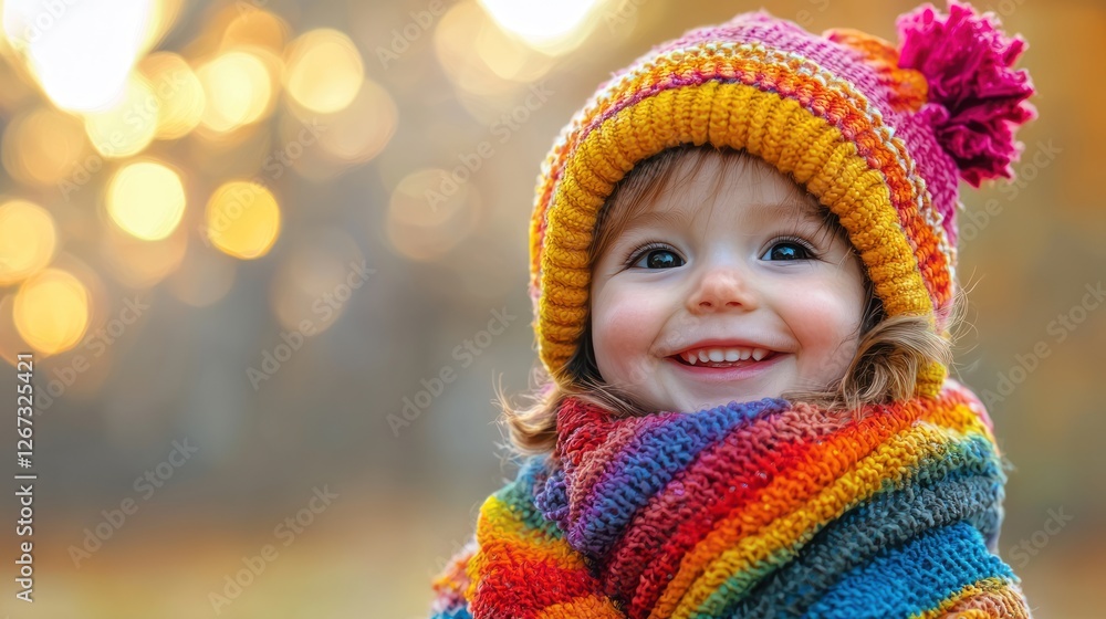 Happy toddler girl autumn park bokeh background, winter clothing Happy toddler girl autumn park bokeh background, winter clothing