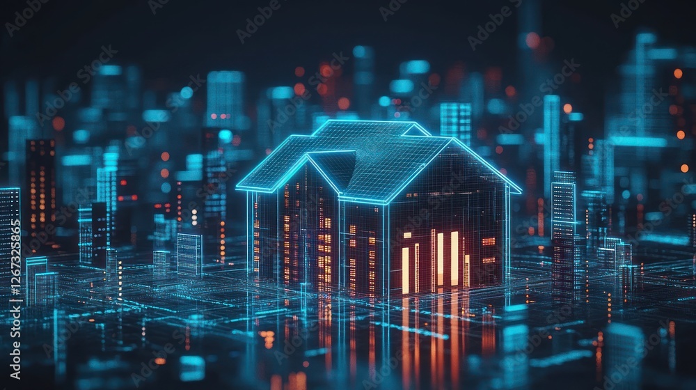 Smart home digital model in futuristic city Smart home digital model in futuristic city