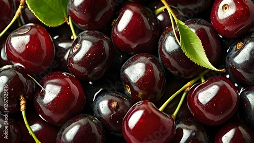 FRESH RED CHERY WITH GREEN LEAVES BETWEEN THE STICK AND FRUIT.