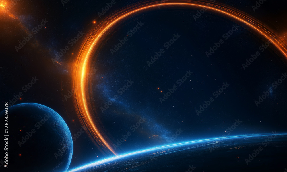 Obraz premium Stunning Space Scene with Planets and Glowing Rings in the Cosmos. Generative Ai