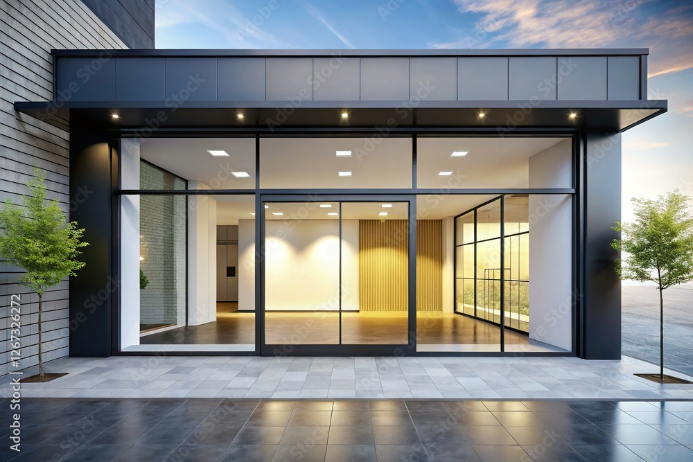 Modern Empty Storefront Mockup: Black Sliding Doors, White Walls, Daylight Modern Empty Storefront Mockup: Black Sliding Doors, White Walls, Daylight