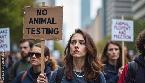 Protesters marching against animal testing in an urban demonstration