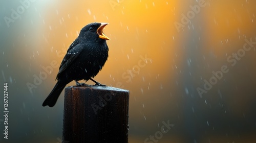 Wallpaper Mural Bird perched on a wooden post during rain with silhouette effect in minimalist photography style Torontodigital.ca
