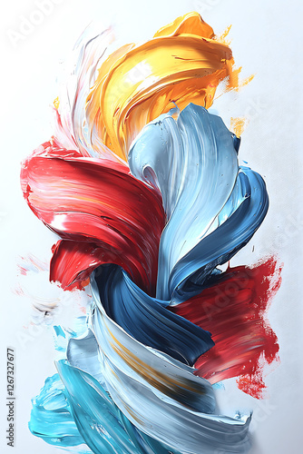 Vibrant, swirling abstract artwork featuring bold strokes of red, blue, yellow, and teal paint.  Perfect for modern interiors, website banners, or artrelated projects. photo