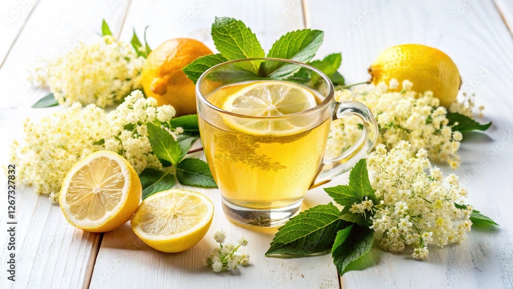 Fototapeta premium Refreshing Elderflower Lemon Tea with Fresh Ingredients - Stock Photo