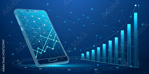 Abstract mobile phone and growth chart on smartphone screen. Stock market and finance concepts. Low poly wireframe vector illustration in futuristic light blue style on a technology background.