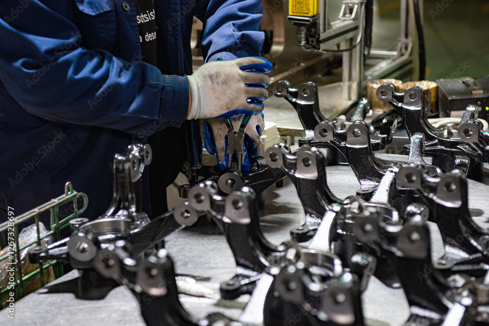 Fototapeta premium Factory automation production line. Automotive parts production line. Workers are producing car brake discs and various components in the machining workshop. Inside the automotive intelligent factory