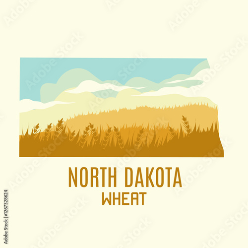 North Dakota Map with Wheat Field view Perfect for Print, Apparel, etc