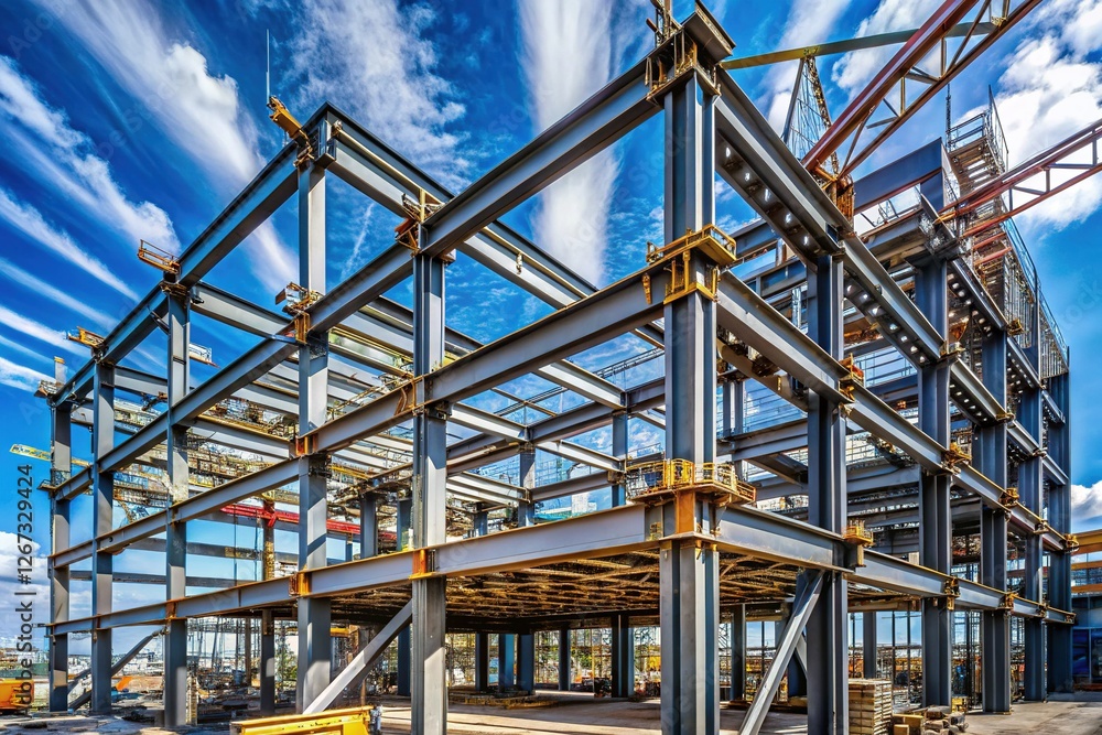 Steel Structure Construction: Corner Frame of Metal Beams on Building Site Steel Structure Construction: Corner Frame of Metal Beams on Building Site
