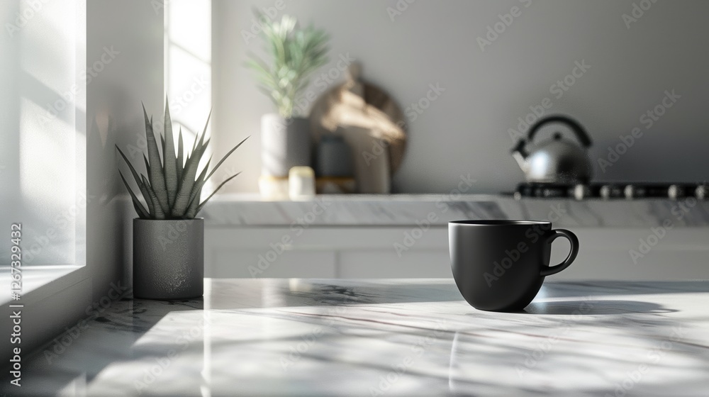 Fototapeta premium Modern matte black coffee cup on smooth marble countertop surrounded by minimalist kitchen decor.