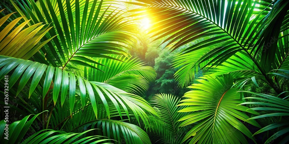 Sunlight Dappled Through Lush Tropical Palm Leaves - Vibrant Green Foliage Stock Photo Sunlight Dappled Through Lush Tropical Palm Leaves - Vibrant Green Foliage Stock Photo