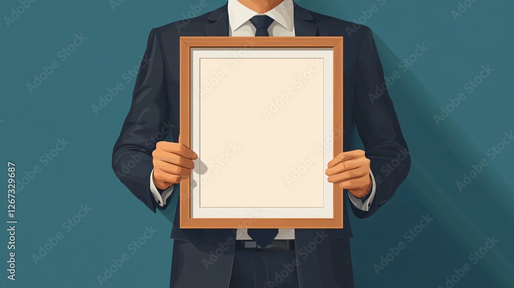 Professional Businessman Holds and Presents Empty Wood Frame Professional Businessman Holds and Presents Empty Wood Frame